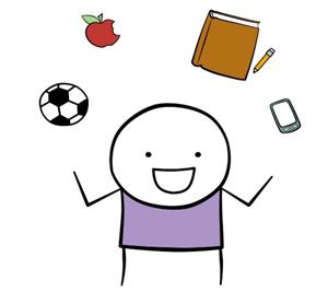 drawing of man juggling book, soccer ball, phone 