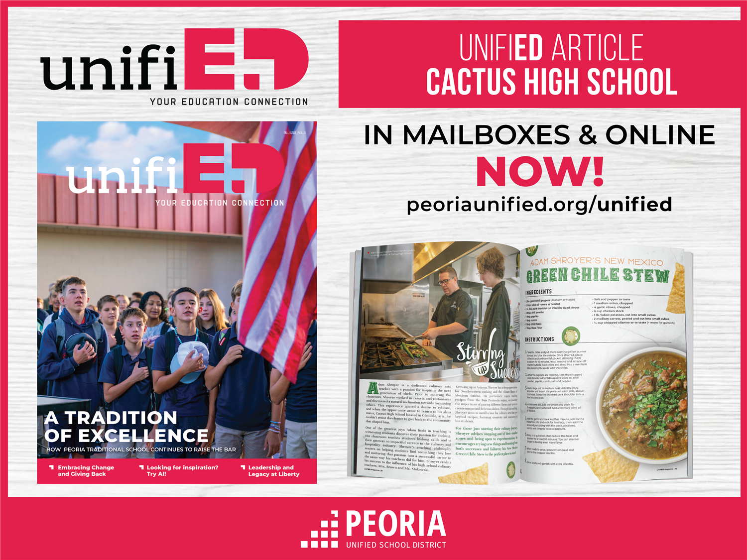  unifiED magazine being displayed, open to a page about culinary at Cactus High School.