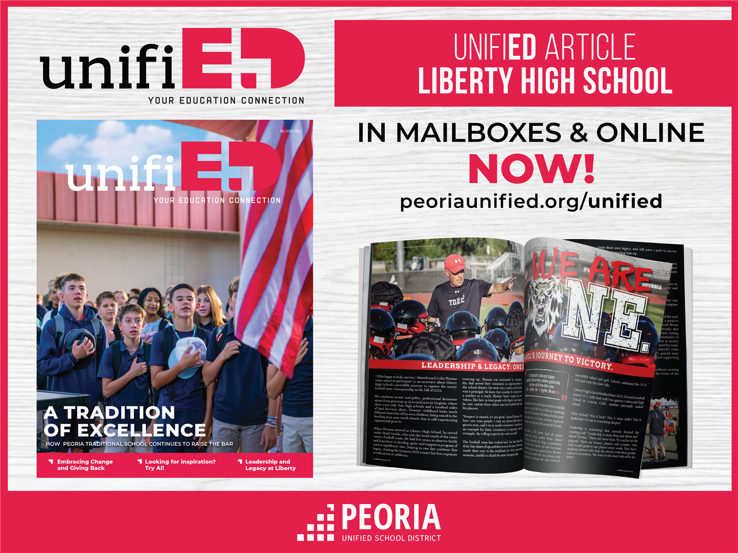  unifiED magazine opened to the Liberty Football article.
